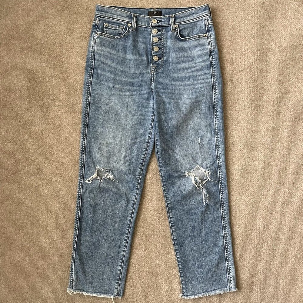 7 For All Mankind Jeans Womens 28 Ankle Stretch Distressed Holes Raw Hem Pants